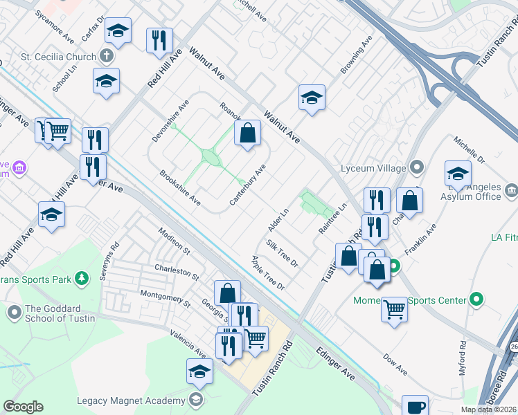 map of restaurants, bars, coffee shops, grocery stores, and more near 14712 Danborough Road in Tustin