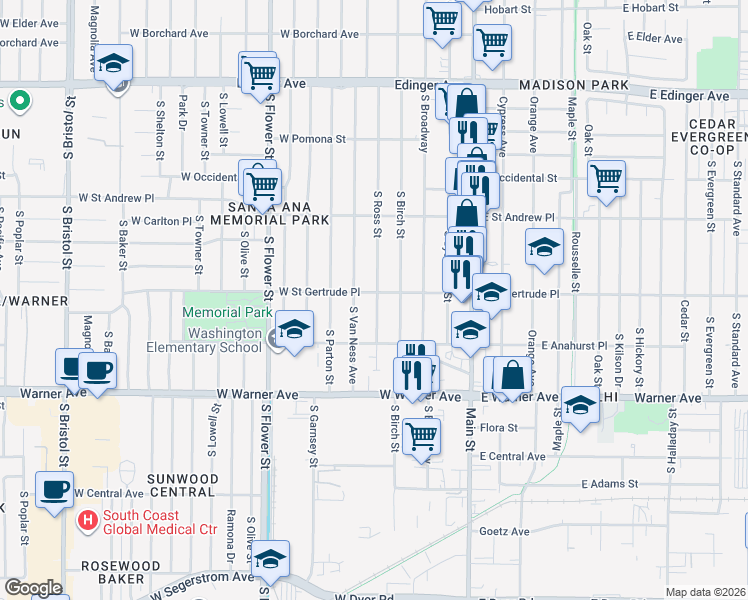 map of restaurants, bars, coffee shops, grocery stores, and more near 2075 South Ross Street in Santa Ana