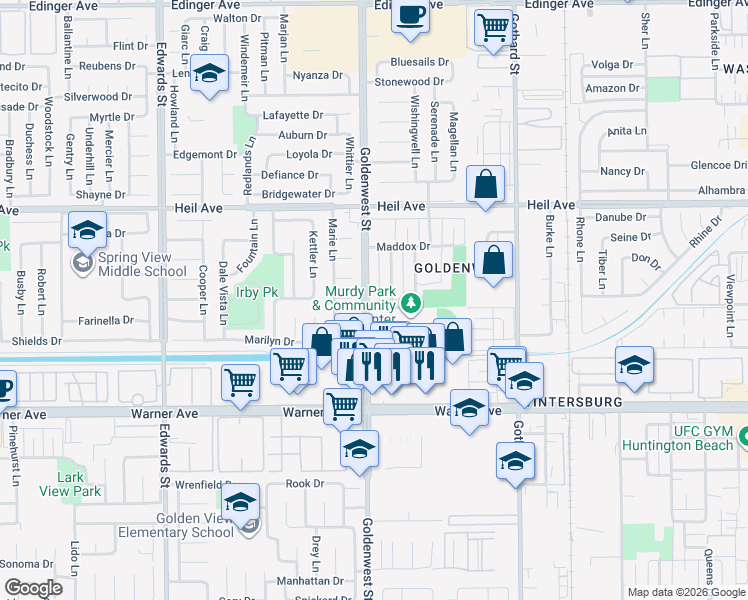 map of restaurants, bars, coffee shops, grocery stores, and more near 16692 Goldenwest Street in Huntington Beach