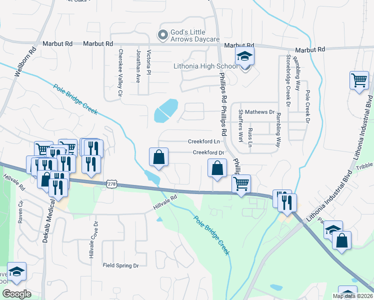 map of restaurants, bars, coffee shops, grocery stores, and more near 6242 Creekford Drive in Lithonia