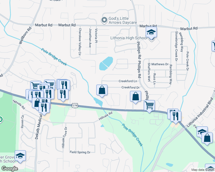 map of restaurants, bars, coffee shops, grocery stores, and more near 6198 Creekford Drive in Lithonia