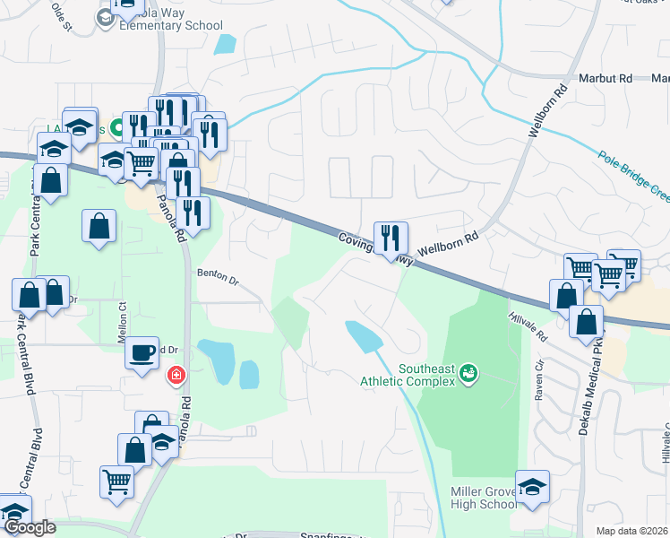 map of restaurants, bars, coffee shops, grocery stores, and more near 2373 Cove Lake Way in Lithonia