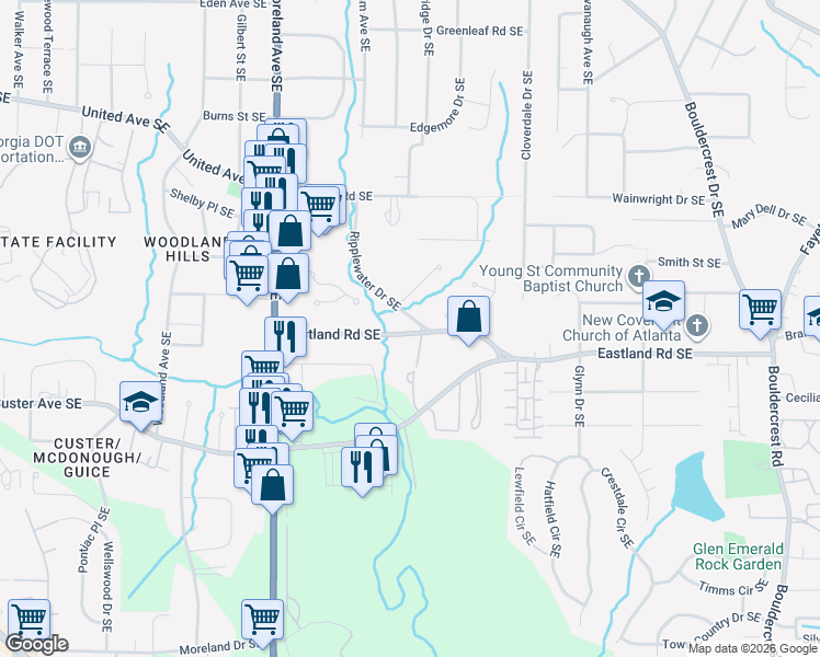map of restaurants, bars, coffee shops, grocery stores, and more near 1322 Eastland Road Southeast in Atlanta
