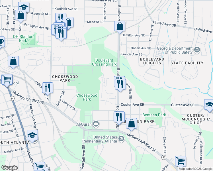 map of restaurants, bars, coffee shops, grocery stores, and more near 1215 Roberts Drive Southeast in Atlanta
