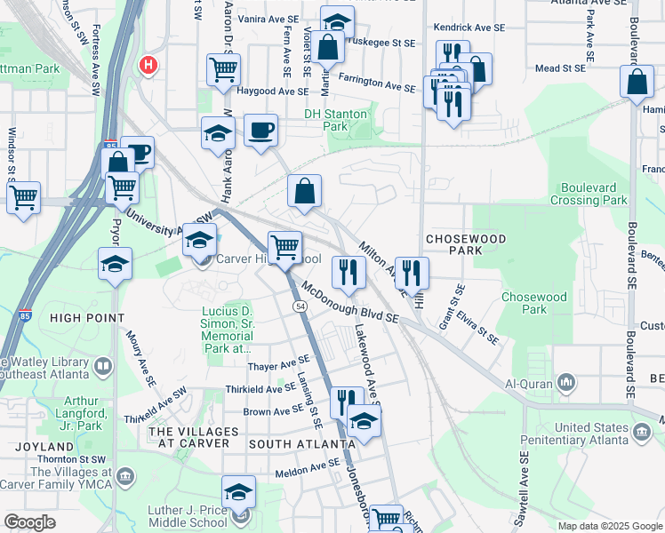 map of restaurants, bars, coffee shops, grocery stores, and more near 1265 Lakewood Ave SE in Atlanta