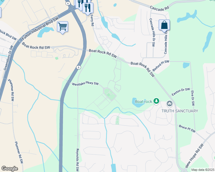 map of restaurants, bars, coffee shops, grocery stores, and more near 1475 Sand Bay Drive Southwest in Atlanta