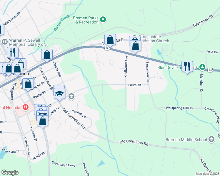 map of restaurants, bars, coffee shops, grocery stores, and more near 805 Laurel Street in Bremen