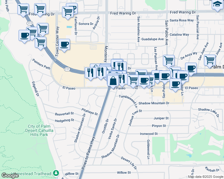 map of restaurants, bars, coffee shops, grocery stores, and more near 73-010 El Paseo in Palm Desert