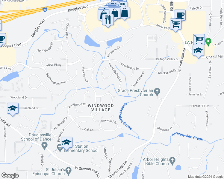 map of restaurants, bars, coffee shops, grocery stores, and more near 6634 Windwood Court in Douglasville