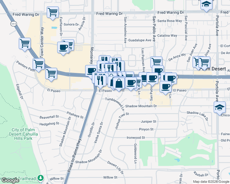 map of restaurants, bars, coffee shops, grocery stores, and more near 73160 El Paseo in Palm Desert