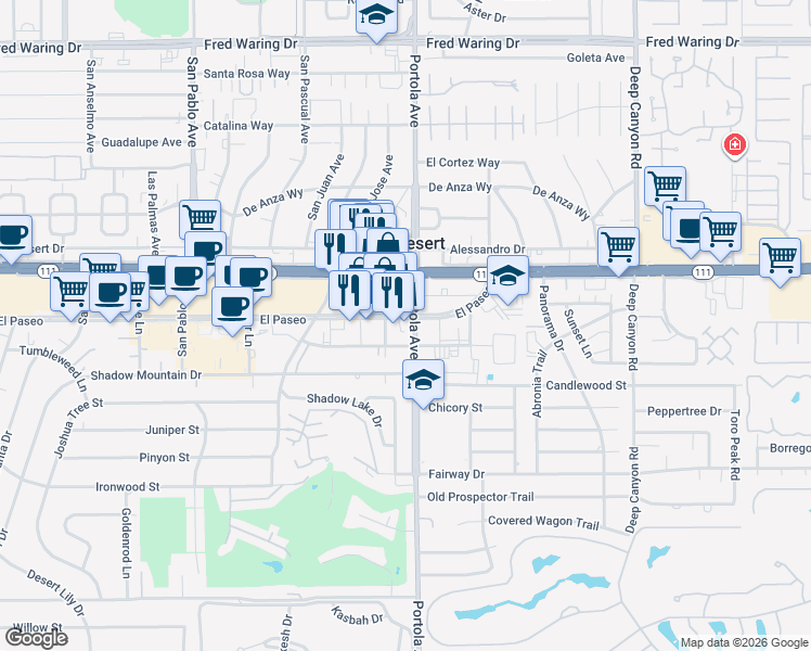 map of restaurants, bars, coffee shops, grocery stores, and more near 73995 El Paseo in Palm Desert