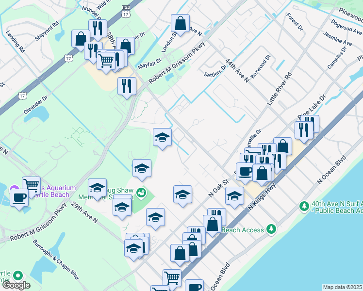 map of restaurants, bars, coffee shops, grocery stores, and more near 3753 Block House Way in Myrtle Beach
