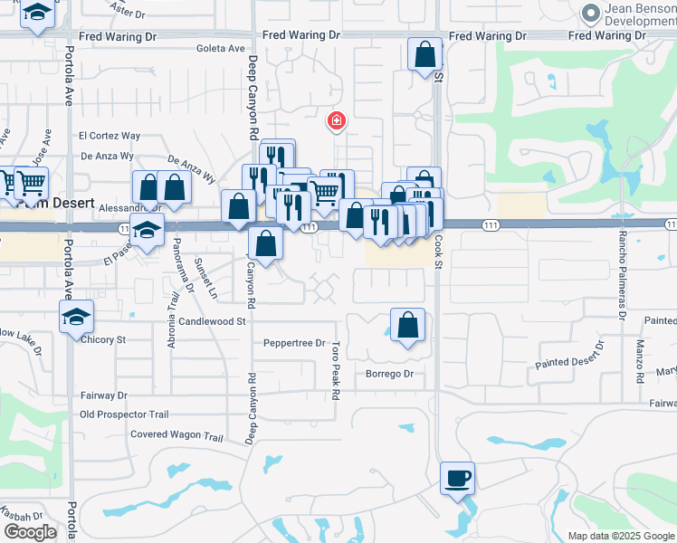 map of restaurants, bars, coffee shops, grocery stores, and more near 45348 Driftwood Drive in Palm Desert