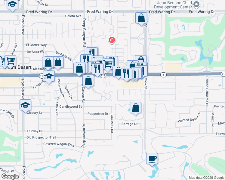 map of restaurants, bars, coffee shops, grocery stores, and more near 45348 Driftwood Drive in Palm Desert