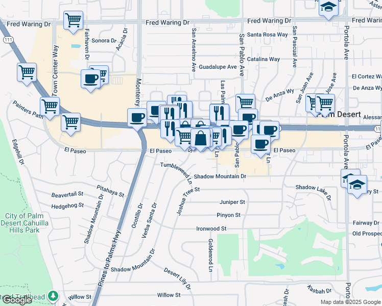 map of restaurants, bars, coffee shops, grocery stores, and more near 73-255 El Paseo in Palm Desert