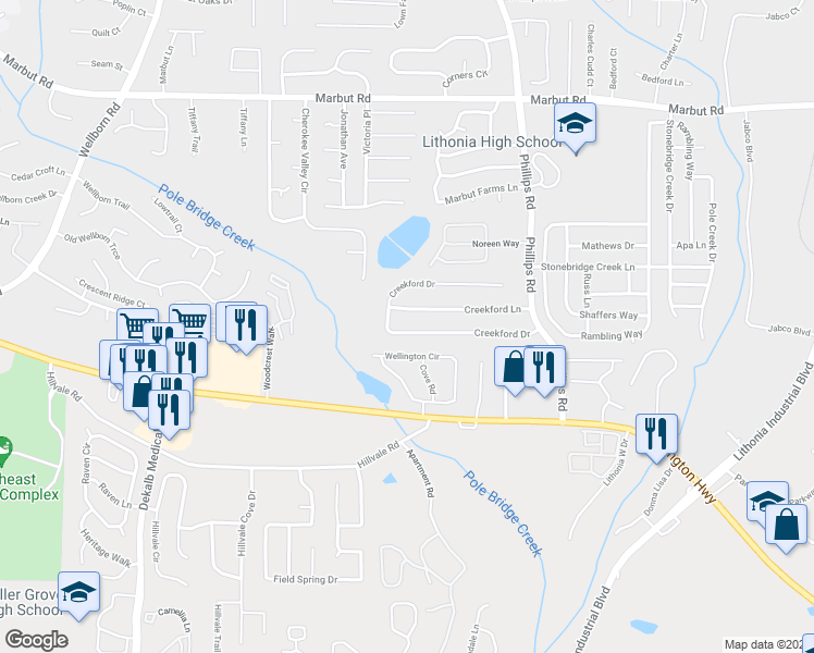 map of restaurants, bars, coffee shops, grocery stores, and more near 6198 Creekford Drive in Lithonia