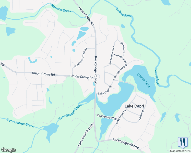 map of restaurants, bars, coffee shops, grocery stores, and more near 2850 Rockbridge Road Northwest in Conyers