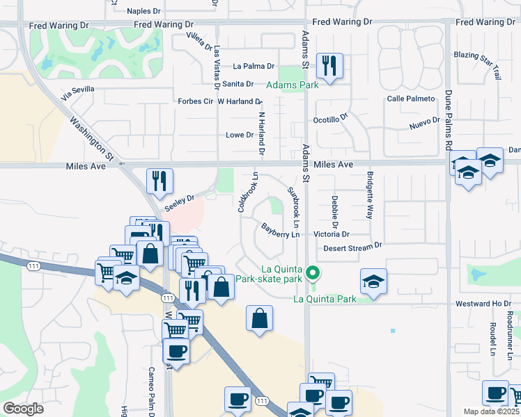 map of restaurants, bars, coffee shops, grocery stores, and more near 78820 Birchcrest Circle in La Quinta