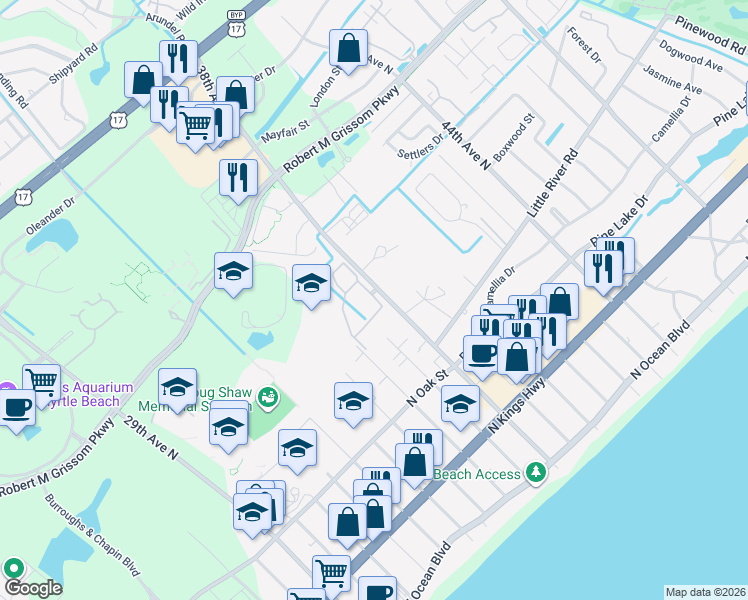 map of restaurants, bars, coffee shops, grocery stores, and more near 3753 Block House Way in Myrtle Beach