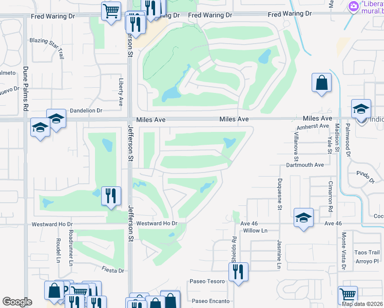 map of restaurants, bars, coffee shops, grocery stores, and more near 80295 Green Hills Drive in Indio
