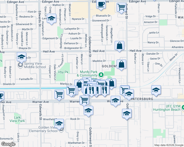 map of restaurants, bars, coffee shops, grocery stores, and more near 16692 Goldenwest Street in Huntington Beach