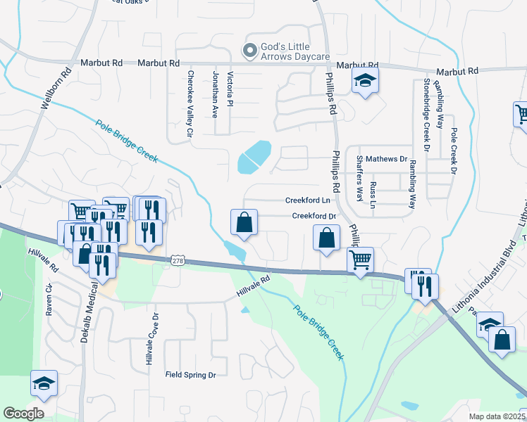 map of restaurants, bars, coffee shops, grocery stores, and more near 6229 Creekford Lane in Lithonia