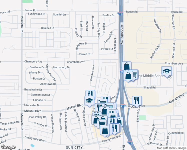 map of restaurants, bars, coffee shops, grocery stores, and more near 27640 Camden Way in Menifee