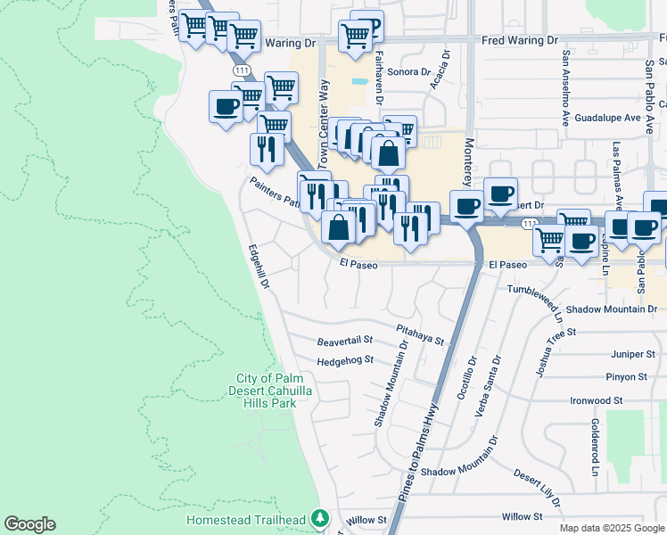 map of restaurants, bars, coffee shops, grocery stores, and more near in Palm Desert