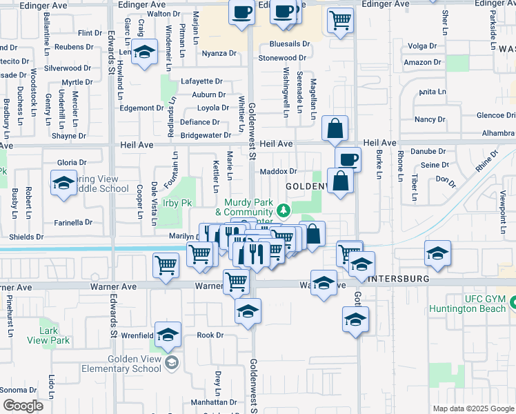 map of restaurants, bars, coffee shops, grocery stores, and more near 16722 Goldenwest Street in Huntington Beach