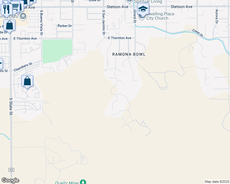 map of restaurants, bars, coffee shops, grocery stores, and more near Pachea Trail in Hemet