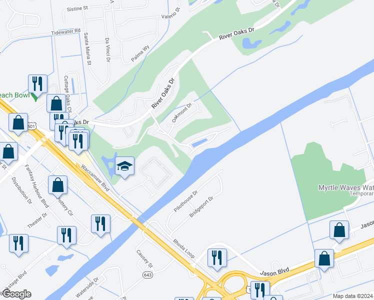 map of restaurants, bars, coffee shops, grocery stores, and more near 602 Waterway Village Boulevard in Myrtle Beach