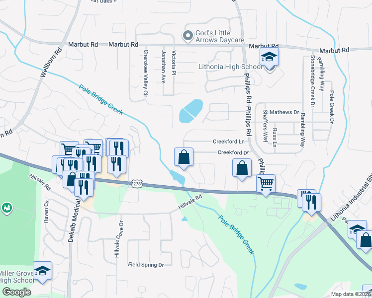 map of restaurants, bars, coffee shops, grocery stores, and more near 6195 Creekford Lane in Lithonia