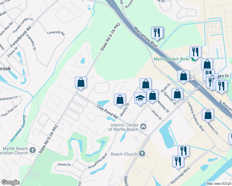 map of restaurants, bars, coffee shops, grocery stores, and more near 3676 Clay Pond Village Lane in Myrtle Beach