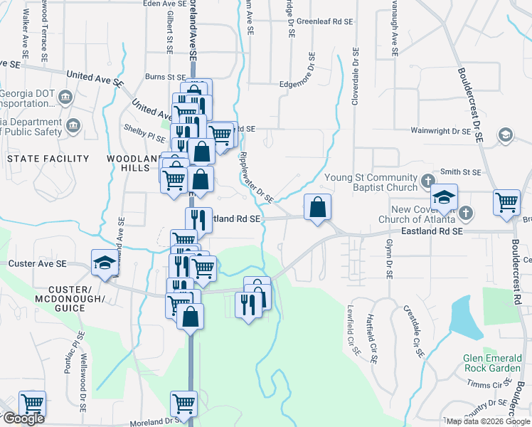 map of restaurants, bars, coffee shops, grocery stores, and more near 1306 Eastland Road Southeast in Atlanta