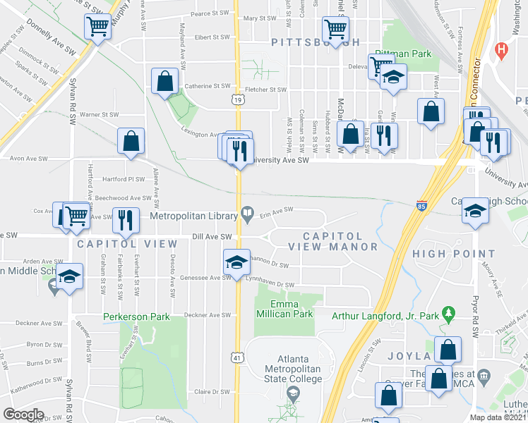 map of restaurants, bars, coffee shops, grocery stores, and more near 569 Erin Avenue Southwest in Atlanta