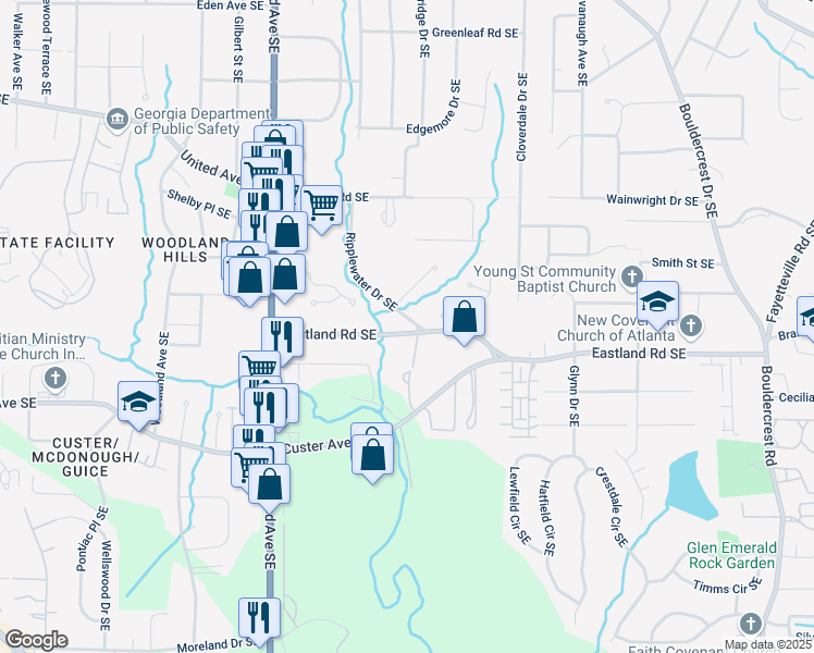 map of restaurants, bars, coffee shops, grocery stores, and more near 1322 Eastland Road Southeast in Atlanta