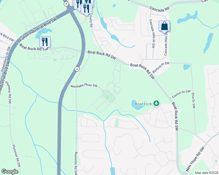 map of restaurants, bars, coffee shops, grocery stores, and more near 1475 Sand Bay Drive Southwest in Atlanta