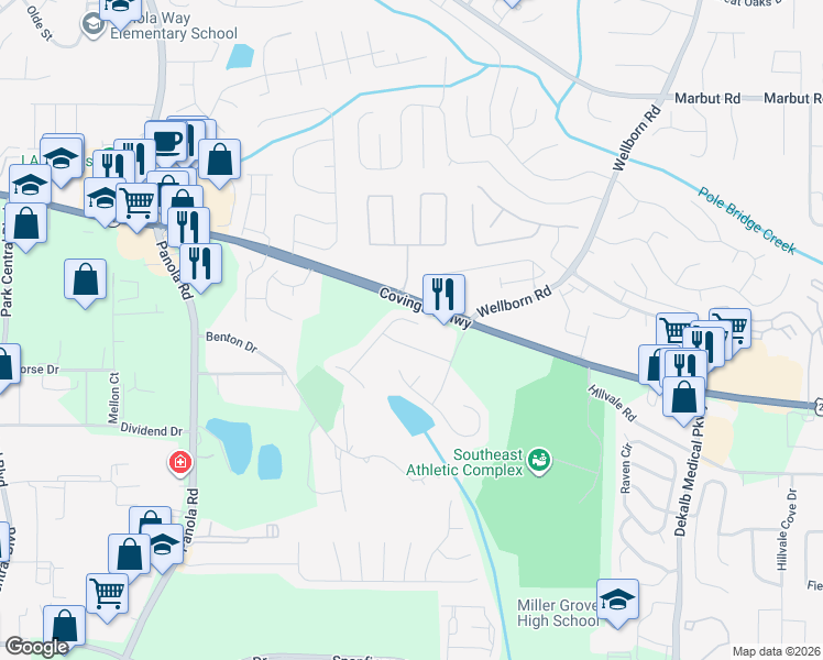 map of restaurants, bars, coffee shops, grocery stores, and more near 2347 Cove Lake Way in Lithonia