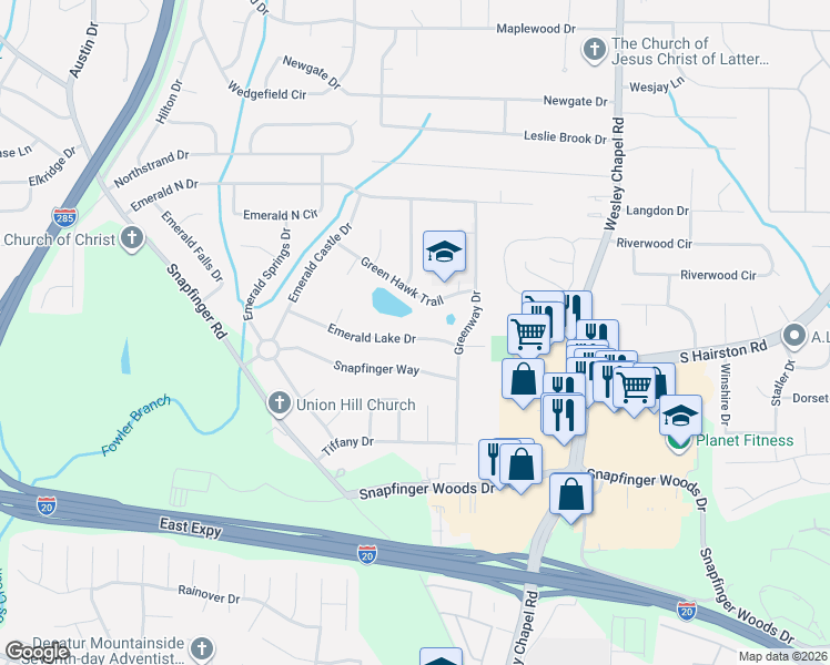 map of restaurants, bars, coffee shops, grocery stores, and more near 4104 Emerald Lake Drive in Decatur