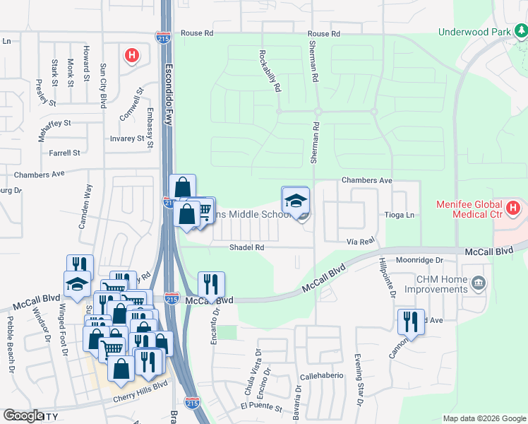 map of restaurants, bars, coffee shops, grocery stores, and more near 27150 Shadel Road in Menifee