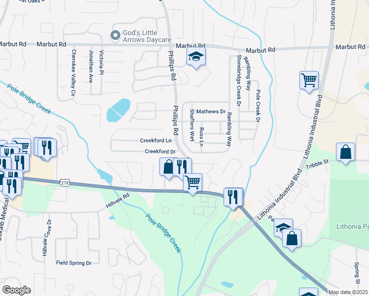 map of restaurants, bars, coffee shops, grocery stores, and more near 2410 Rambling Way in Lithonia