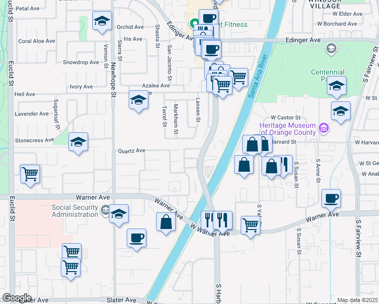 map of restaurants, bars, coffee shops, grocery stores, and more near 11845 Goodale Avenue in Fountain Valley