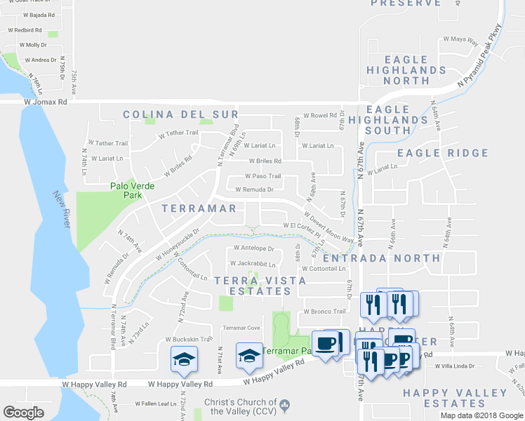 map of restaurants, bars, coffee shops, grocery stores, and more near 6894 West Honeysuckle Drive in Peoria