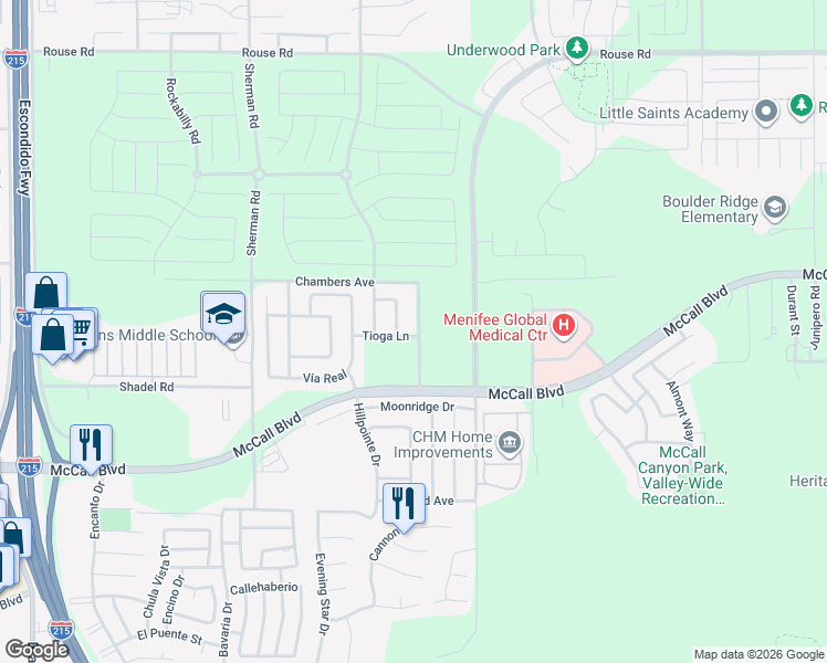 map of restaurants, bars, coffee shops, grocery stores, and more near 27615 Chatham Lane in Menifee