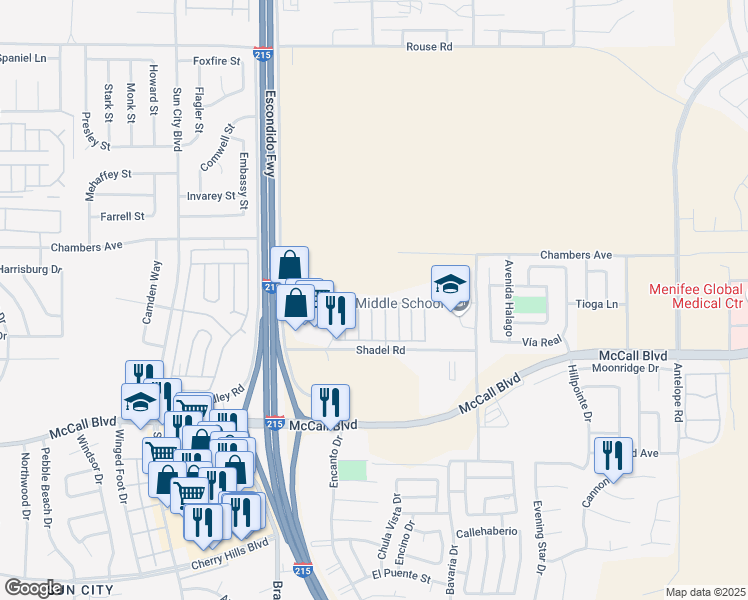 map of restaurants, bars, coffee shops, grocery stores, and more near 27150 Shadel Road in Menifee