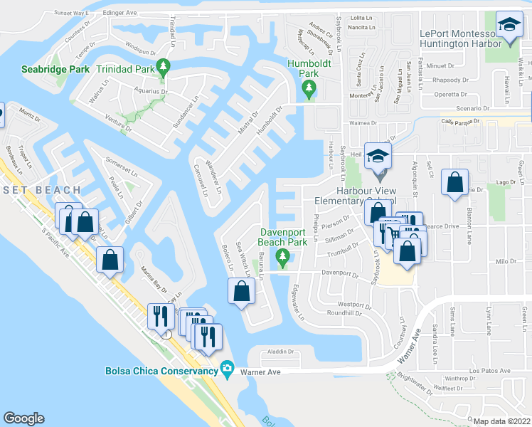 map of restaurants, bars, coffee shops, grocery stores, and more near 16672 Baruna Lane in Huntington Beach