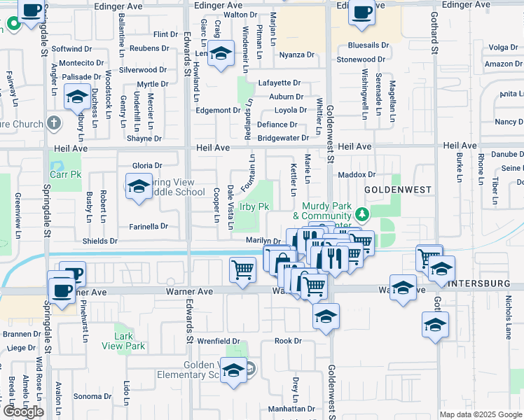map of restaurants, bars, coffee shops, grocery stores, and more near 16711 Diane Lane in Huntington Beach