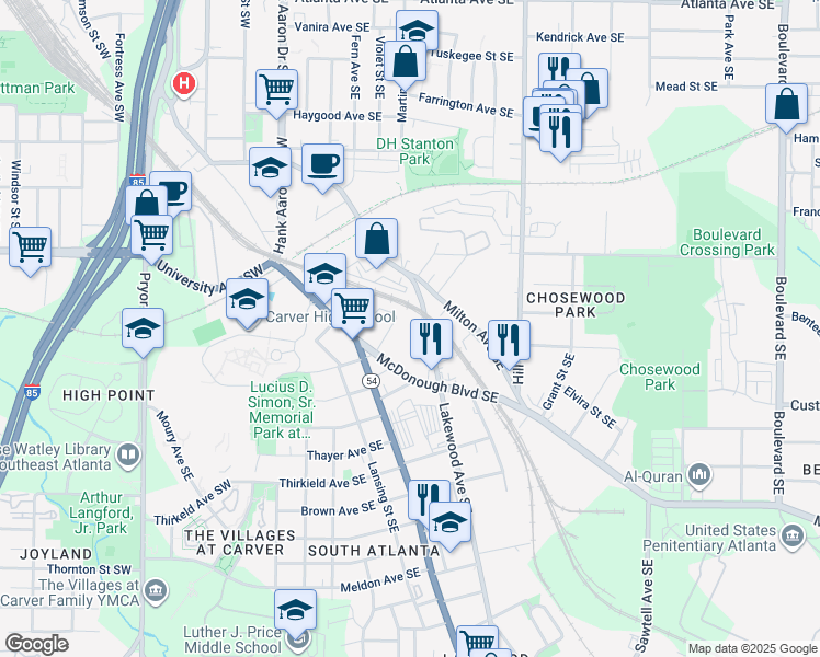 map of restaurants, bars, coffee shops, grocery stores, and more near 1265 Lakewood Avenue Southeast in Atlanta