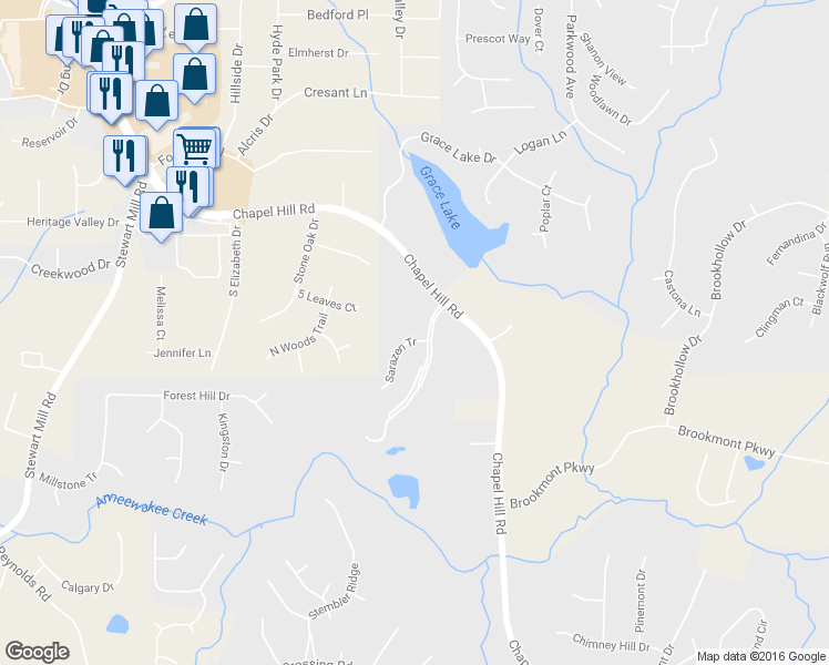 map of restaurants, bars, coffee shops, grocery stores, and more near 5822 Sarazen Tr in Douglasville