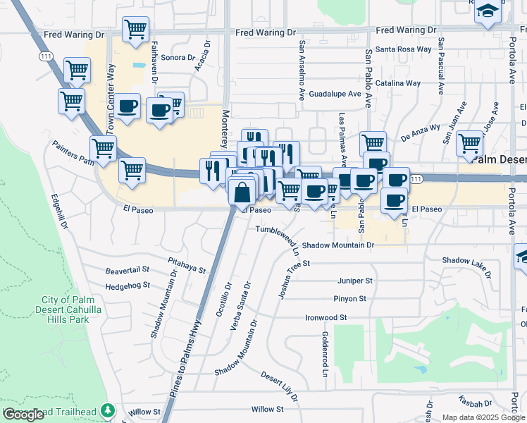 map of restaurants, bars, coffee shops, grocery stores, and more near 73-350 El Paseo Drive in Palm Desert
